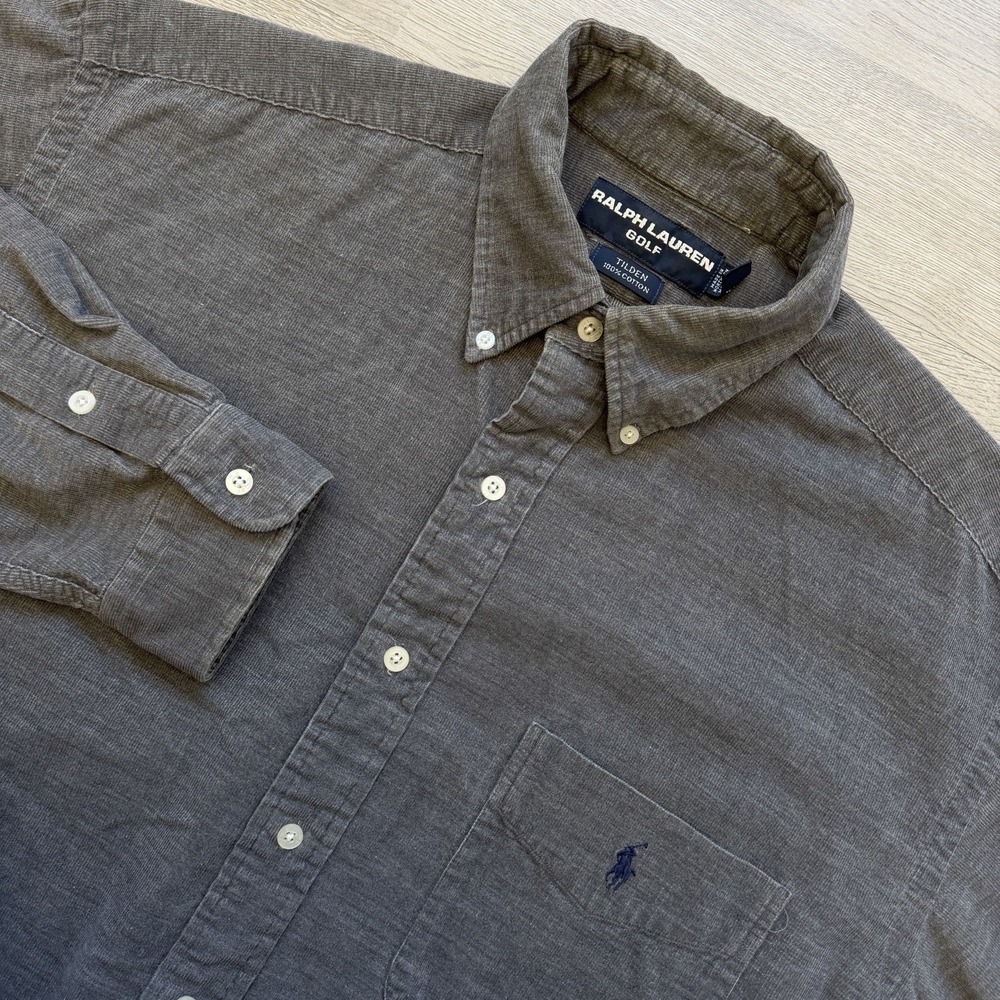 Ralph Lauren Golf Tilden Shirt Mens L Gray Micro Corduroy Button Down